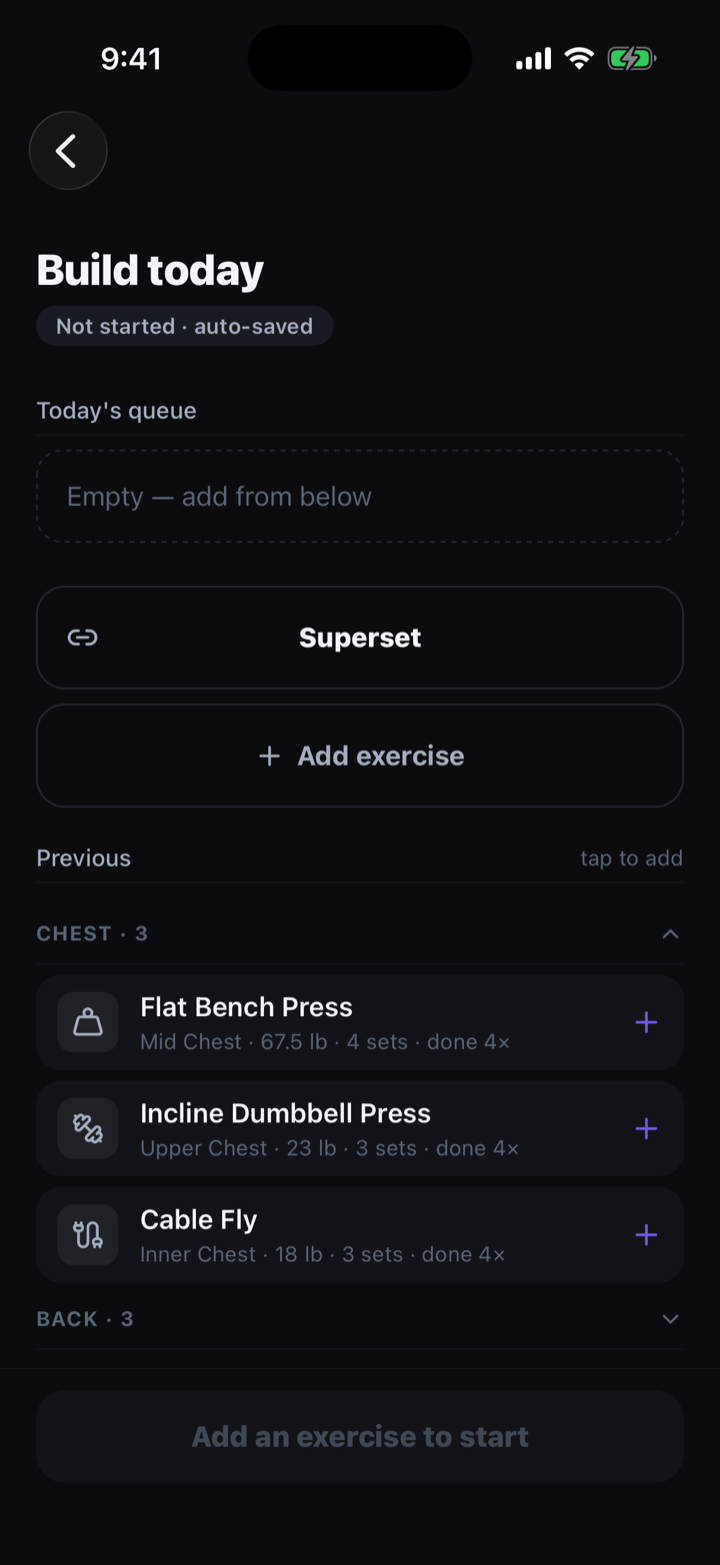 Setup — "Previous" section, 67.5 lb · 4 sets
