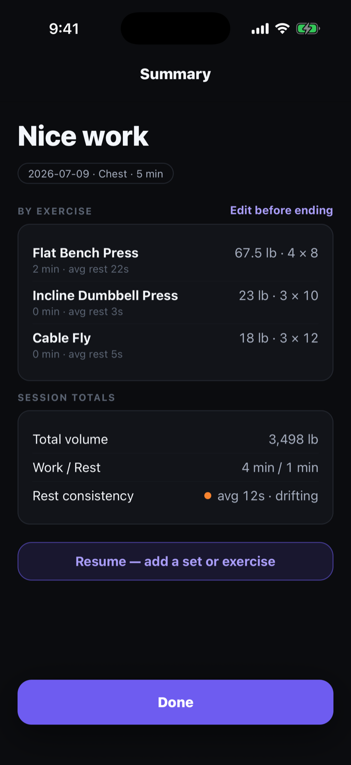 Summary — per-exercise and session totals