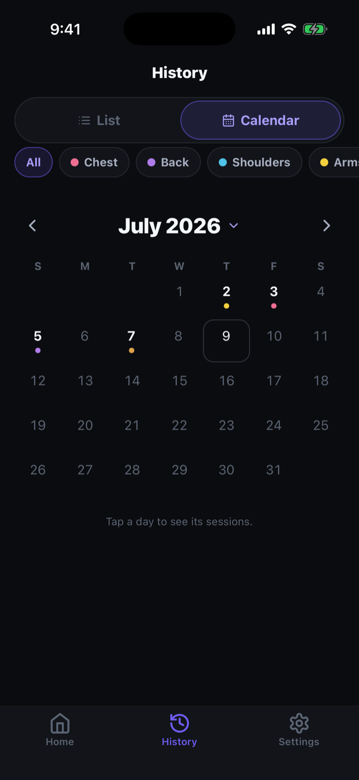 Calendar view — colored dots per muscle