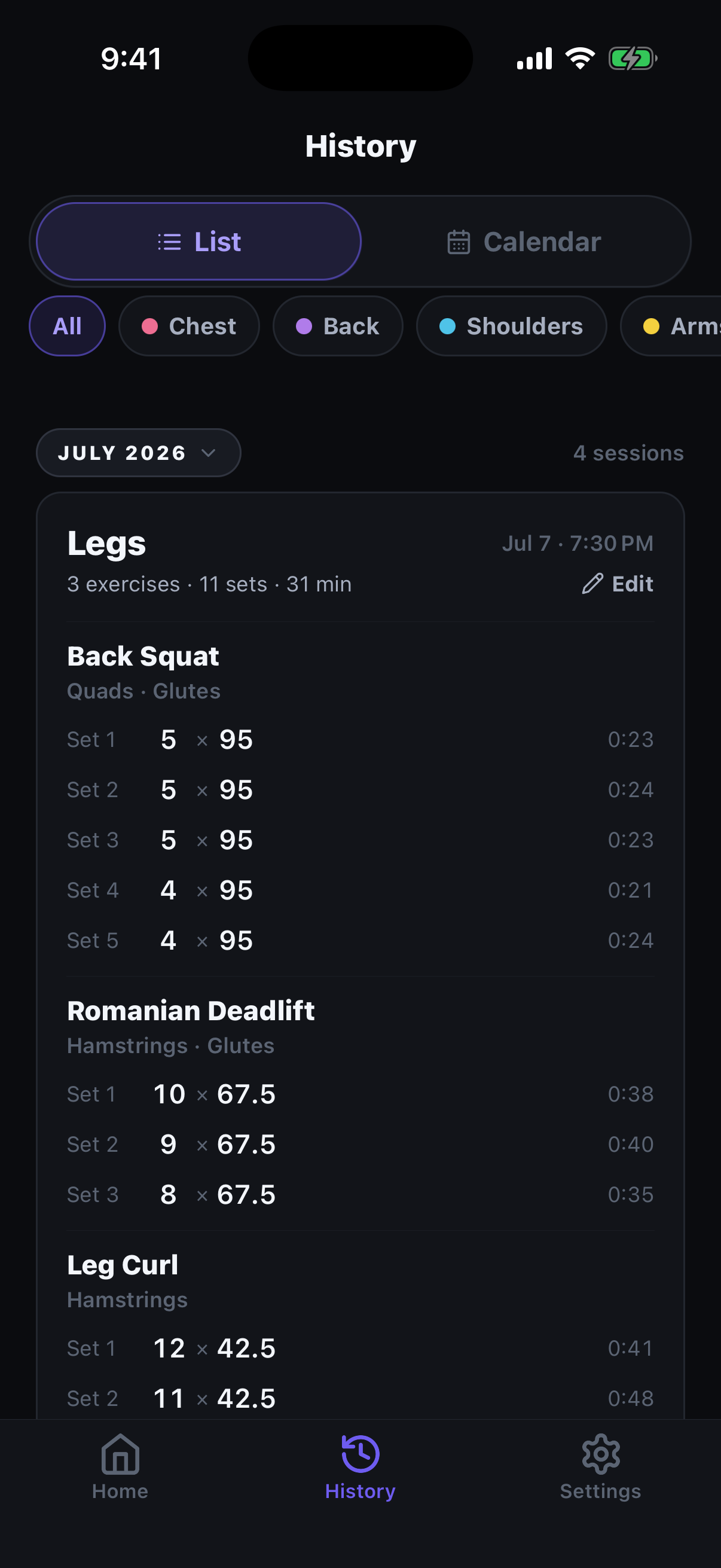 Session card expanded — sets with weight/reps