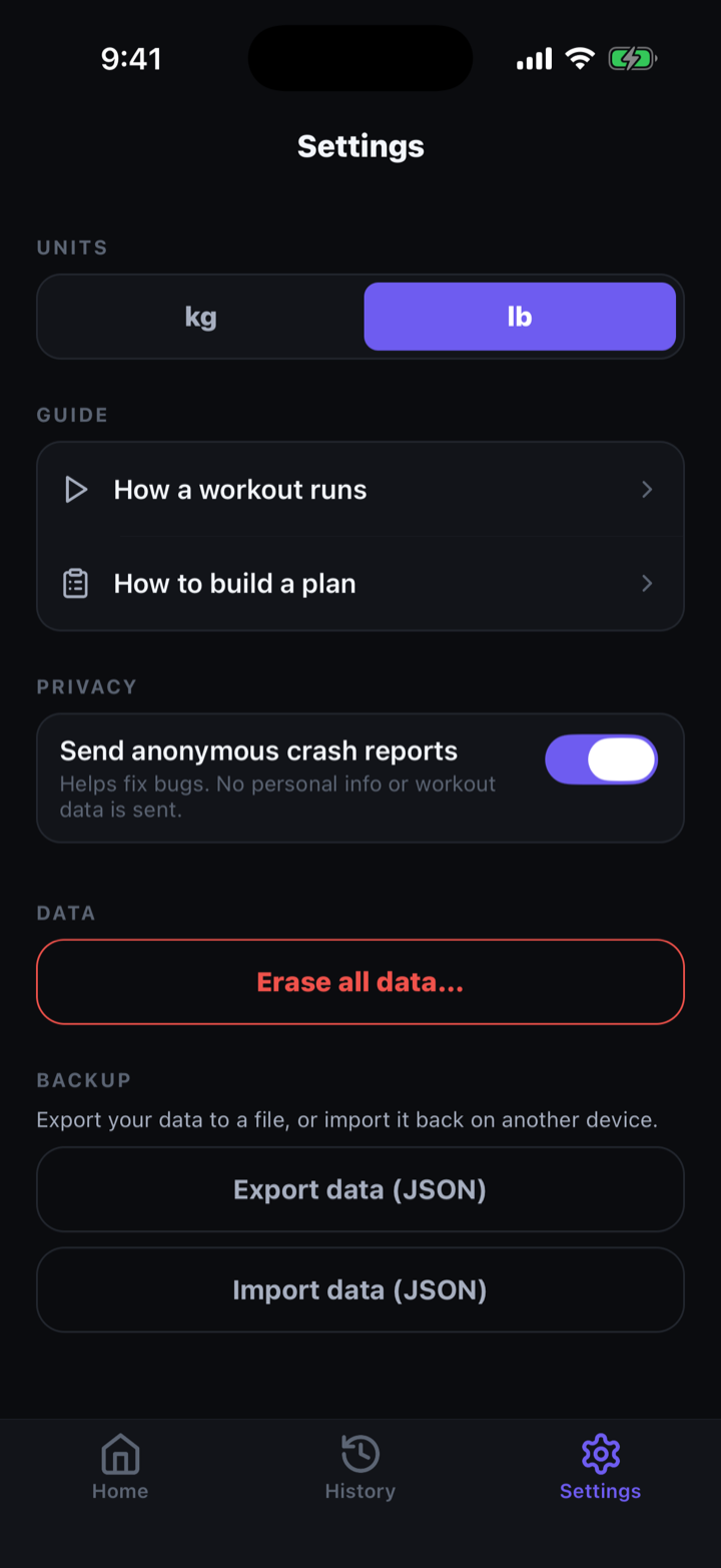Settings — data and backup