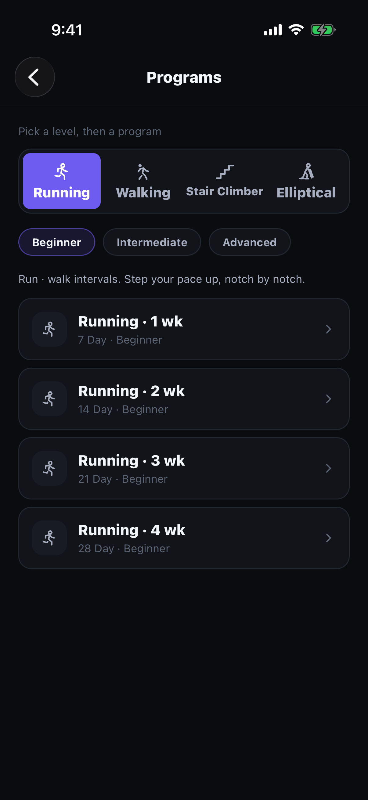 Browse cardio programs by type and level